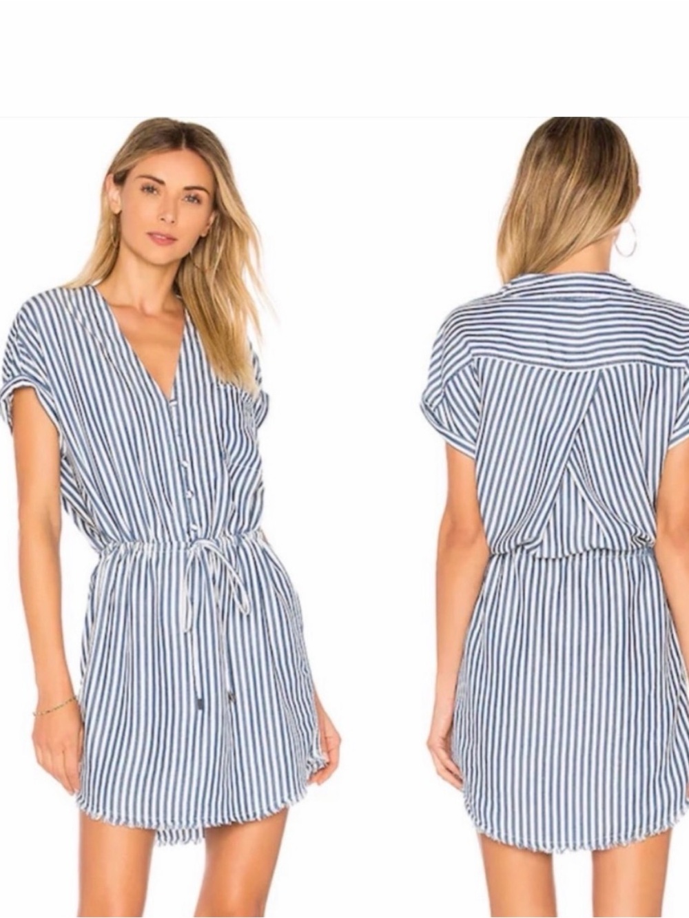 PAIGE Haidee Striped V-Neck Button Front Shirt Dress in Navy and White.